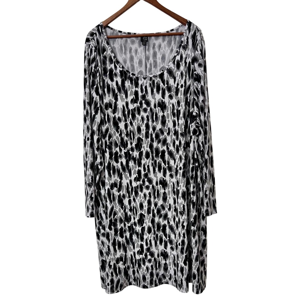 6th & Lane Women's Gray Black Leopard‎ Print Long Sleeve Shift Dress Size 26/28